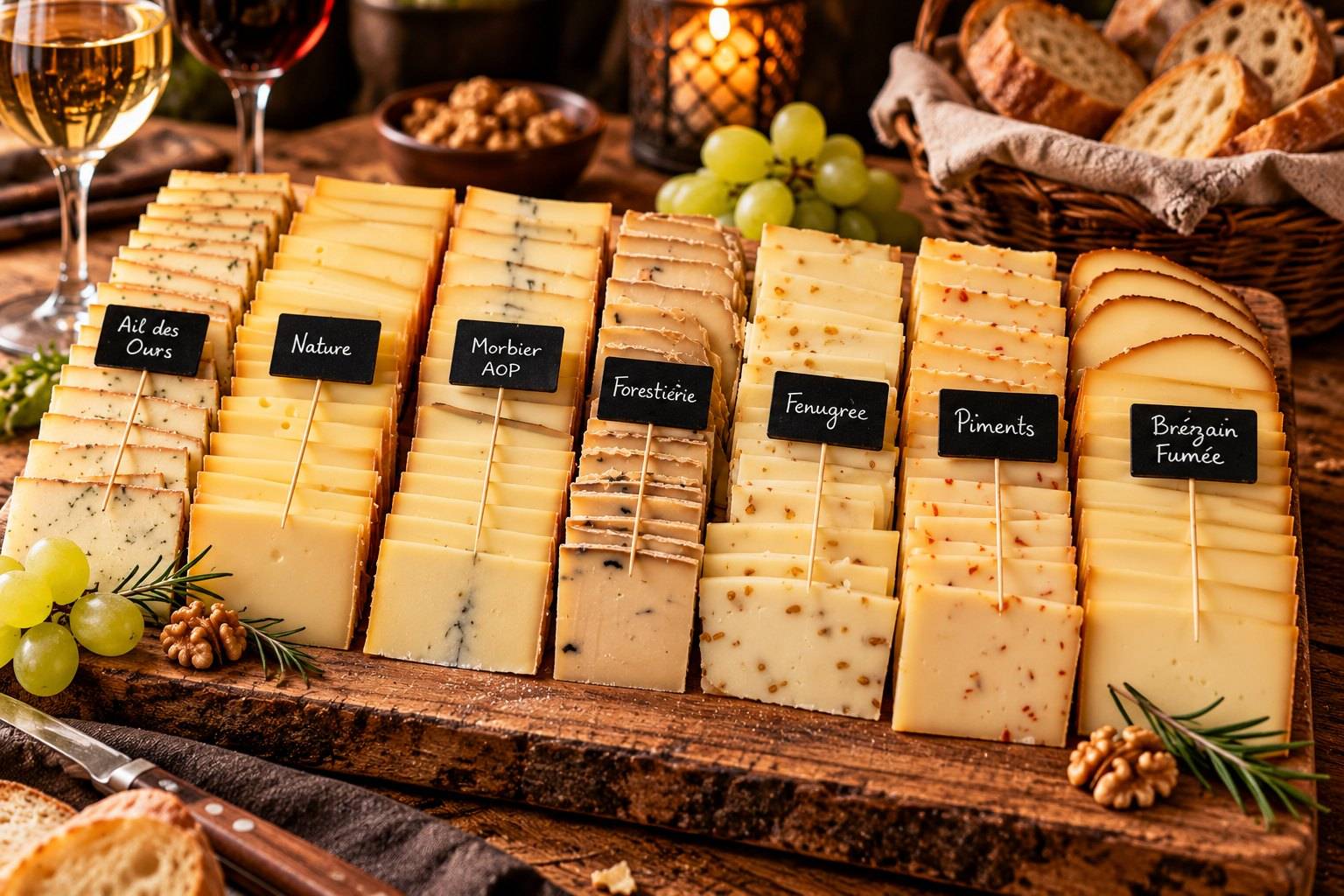 Sélection de fromages à raclette sur planche en bois, La Cave du Sommelier
